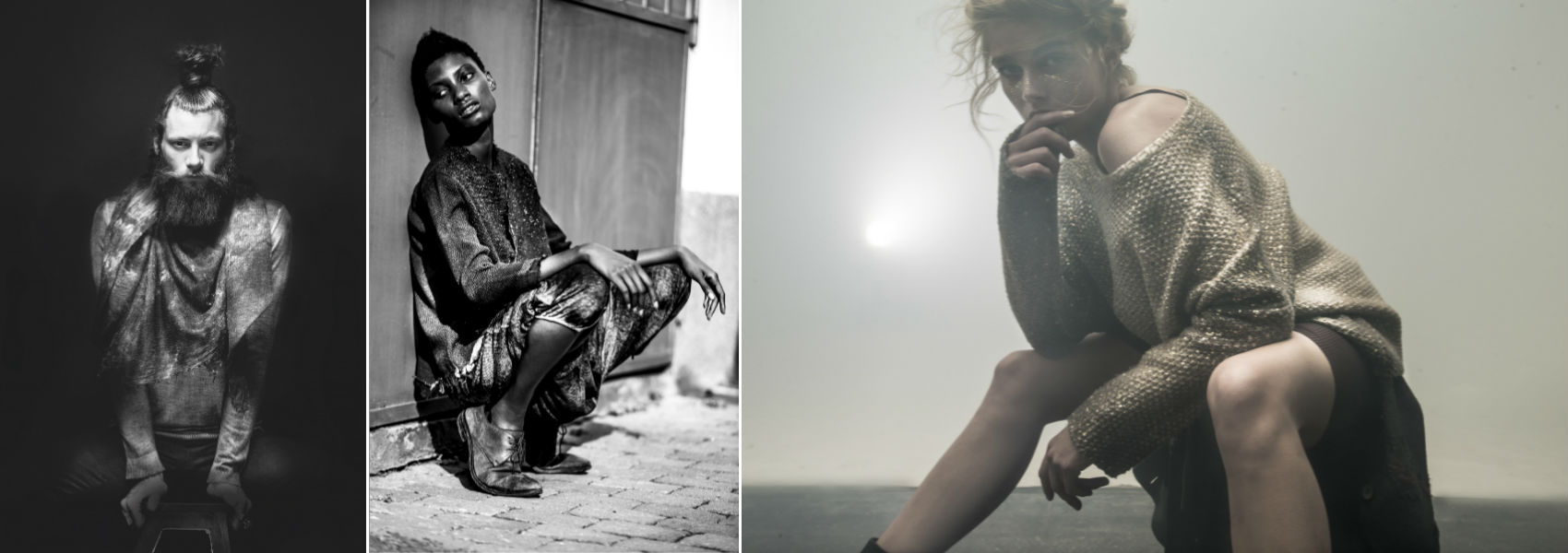 Yuri Catania per Avant Toi. Nelle immagini: Andrea Marcaccini, una modella ritratta in bianco e nero, una modella ritratta a colori sfumati