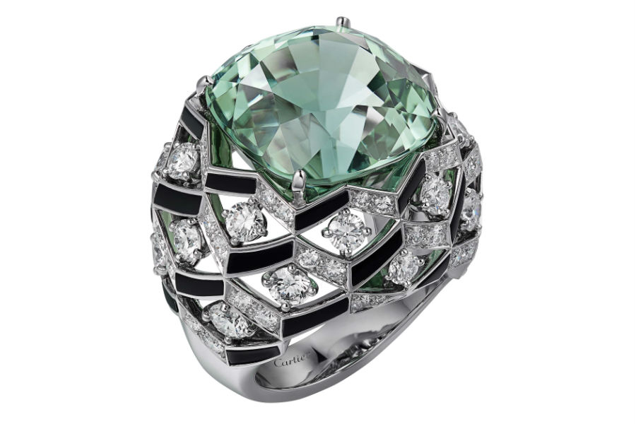 Gioielli Cartier – Coloratura – Alta gioielleria - Anello Matsuri in platino, una tormalina forma coussin (26,20 carati), onice, diamanti taglio brillante.