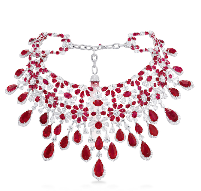 DAVID MORRIS Amaryllis necklace earrings with rubies and white diamonds set in 18ct white gold